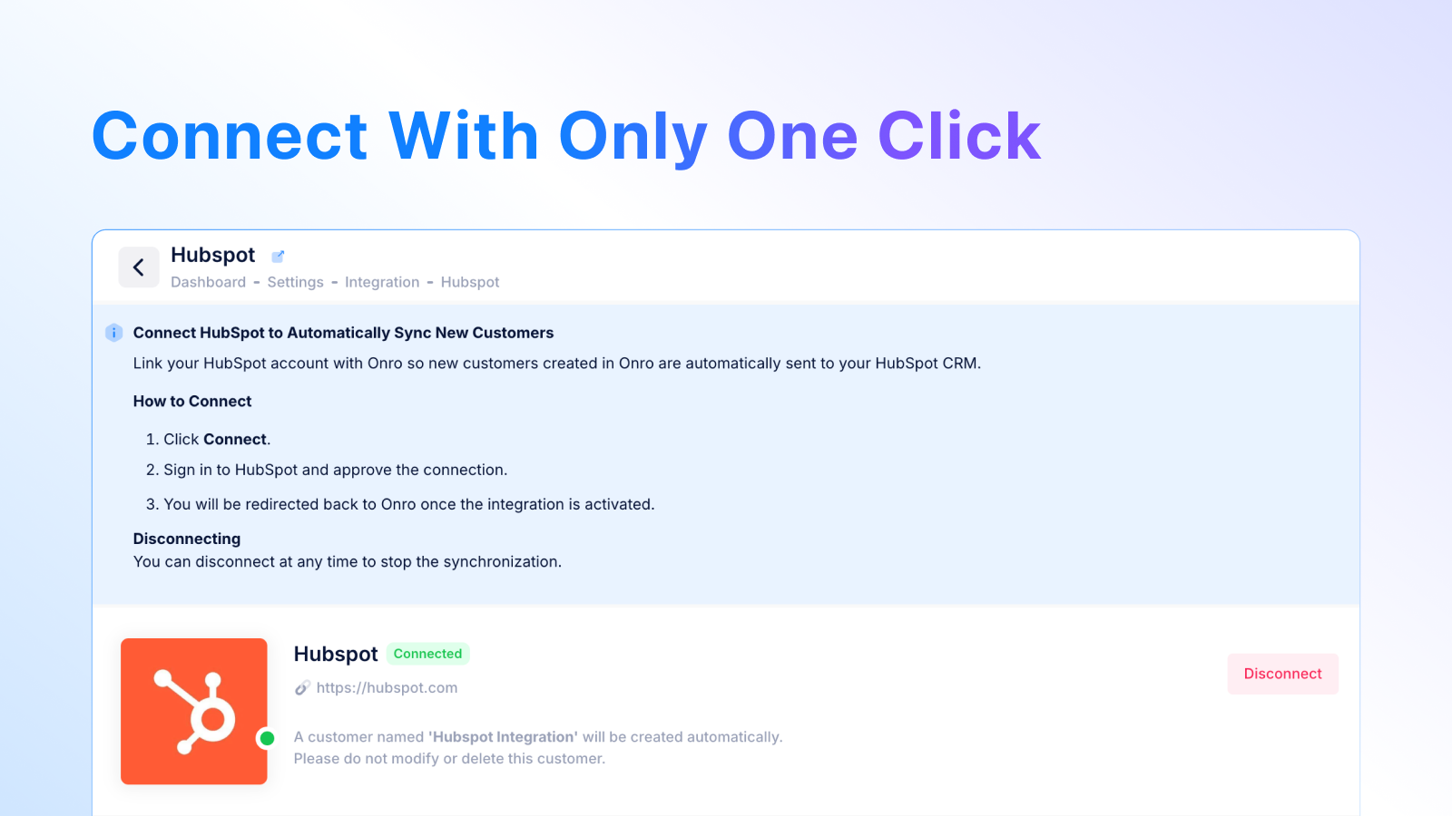 HubSpot connected to Onro.