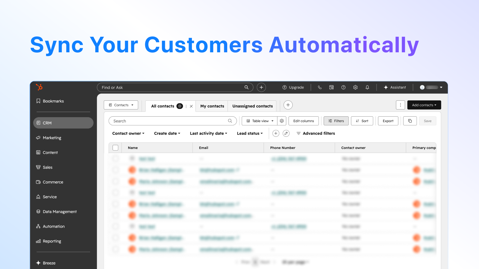 HubSpot contacts dashboard.